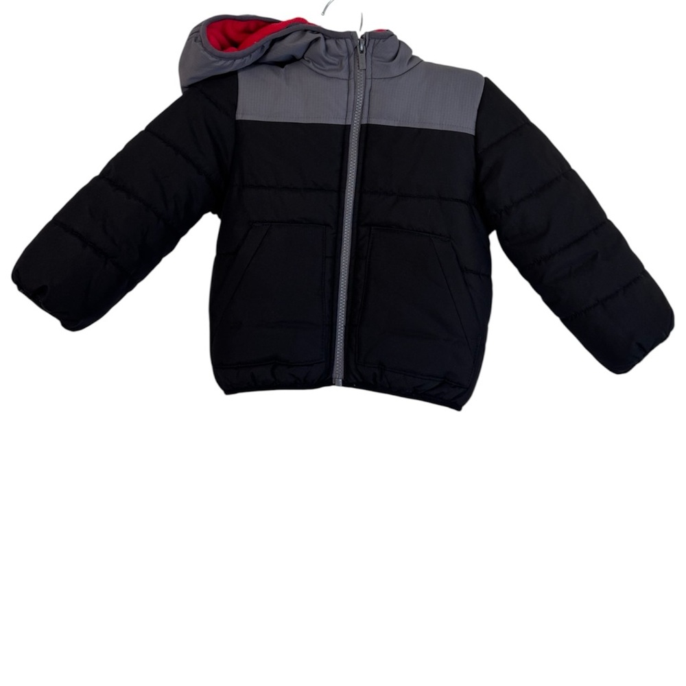 Carters Toddler Boys 2t Black Red Hooded Puffer Jacket Full Zip Up Fleece Lined